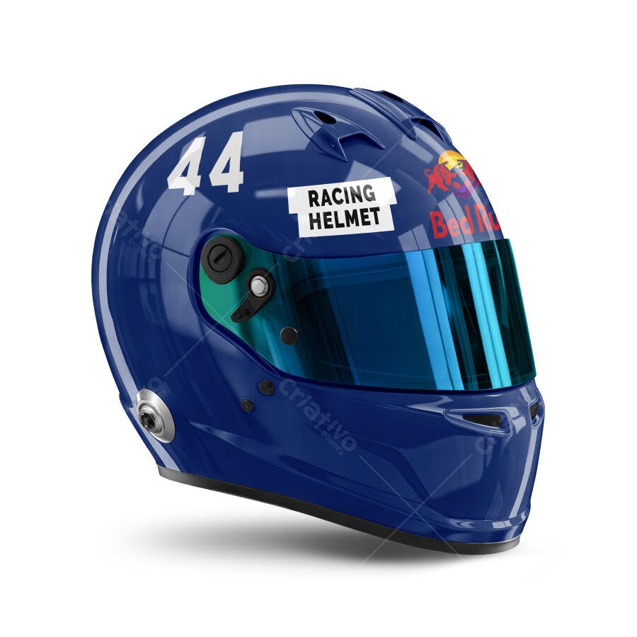 Mockup Capacete de Corrida Azul para Piloto, com Viseira Azul e Detalhes Esportivos