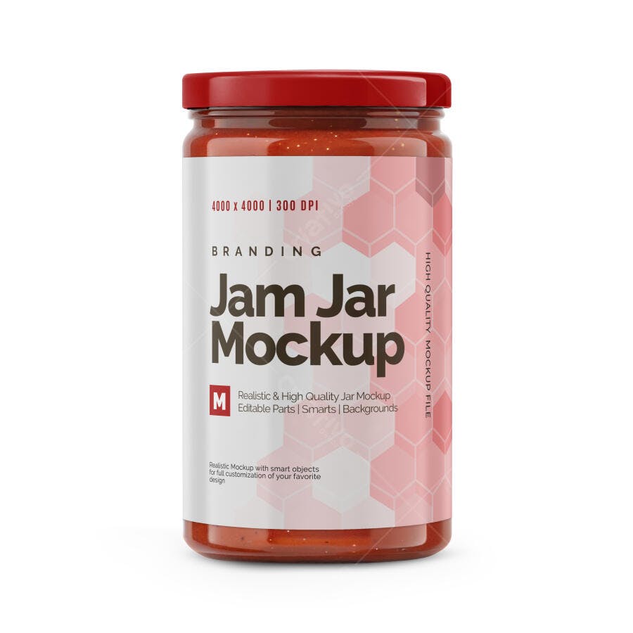 Mockup de Pote de Geleia Vermelha e Rótulo Editável para Embalagem de Alimentos