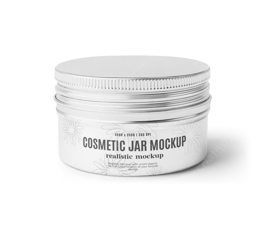 Mockup Realista de Pote Cosmético Branco com Tampa Prata para Cremes e Balms