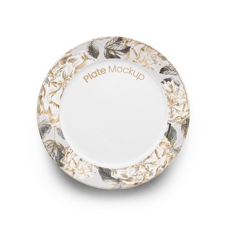 Mockup Realista de Prato de Cerâmica Vintage Floral Dourado e Cinza para Mesa