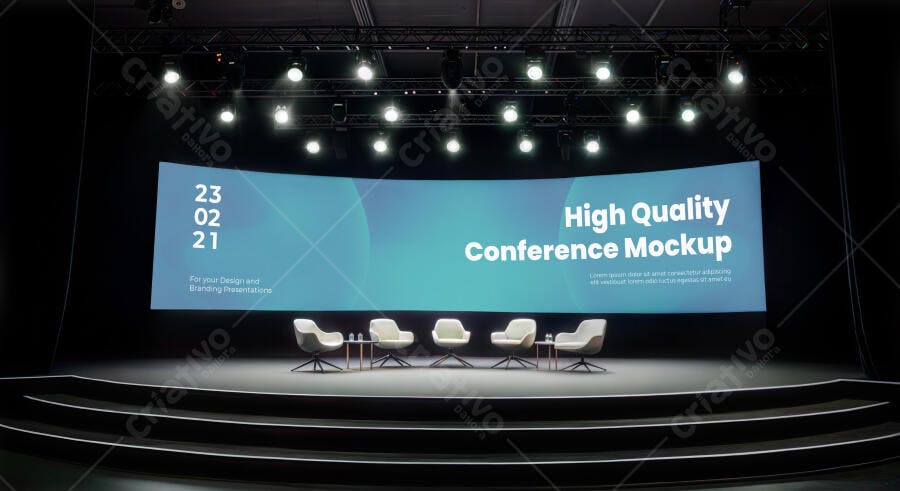 Mockup Palco de Conferência Moderno com Telão Curvo e Iluminação Profissional
