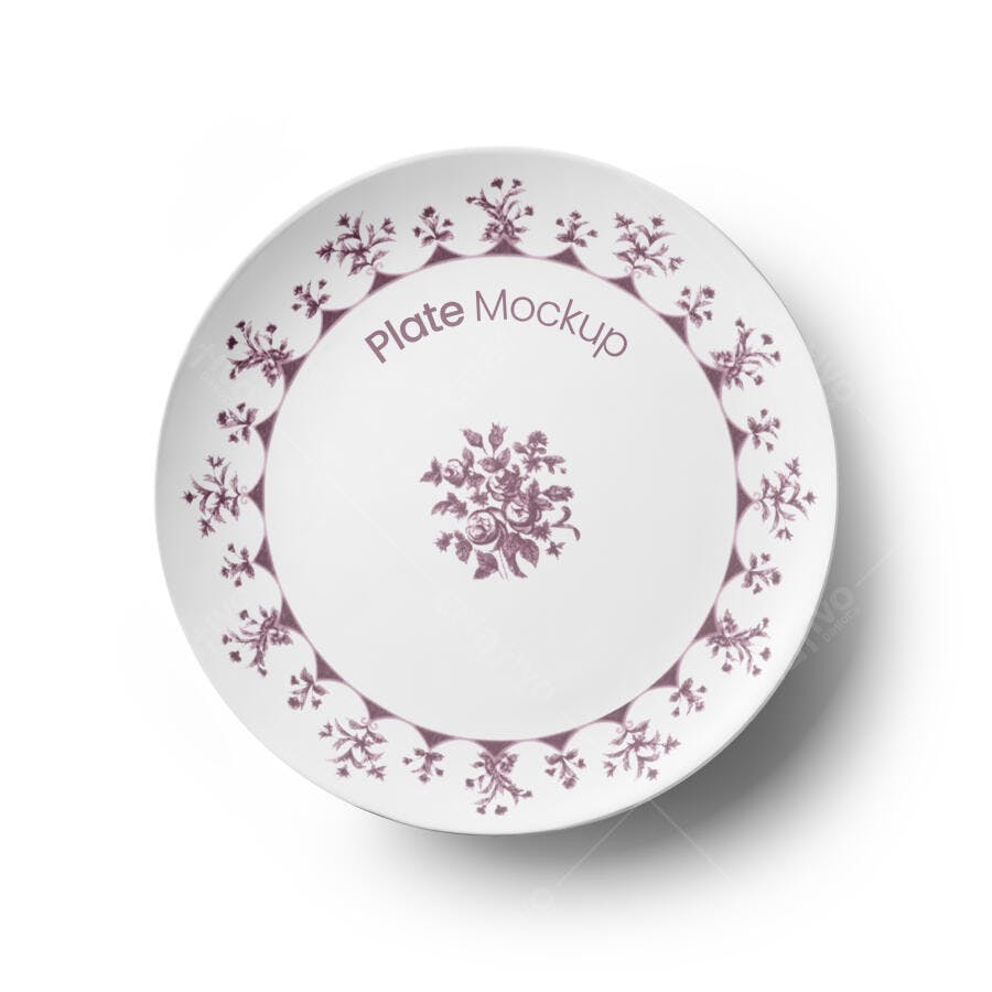 Mockup Prato Cerâmica Branco com Borda e Centro Floral Vintage Roxo Elegante