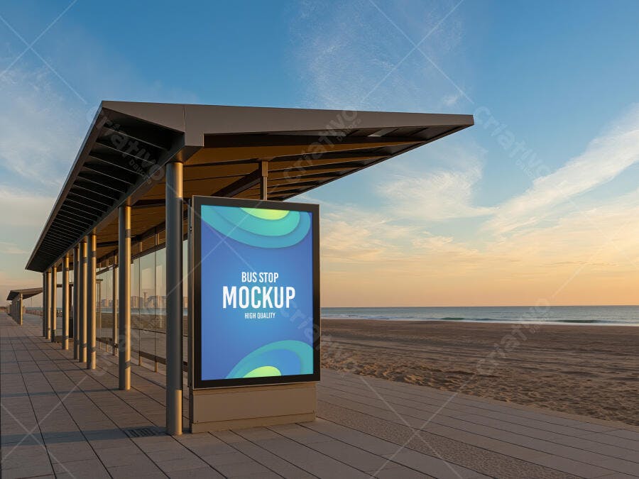 Mockup Realista Painel Digital em Abrigo de Ônibus na Praia ao Pôr do Sol