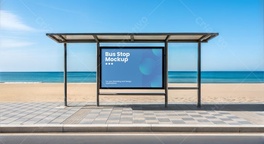 Mockup de Ponto de Ônibus Moderno na Praia com Outdoor Digital Azul