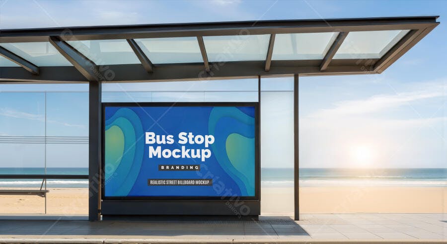 Mockup de Outdoor em Ponto de Ônibus Moderno na Praia com Sol Brilhante