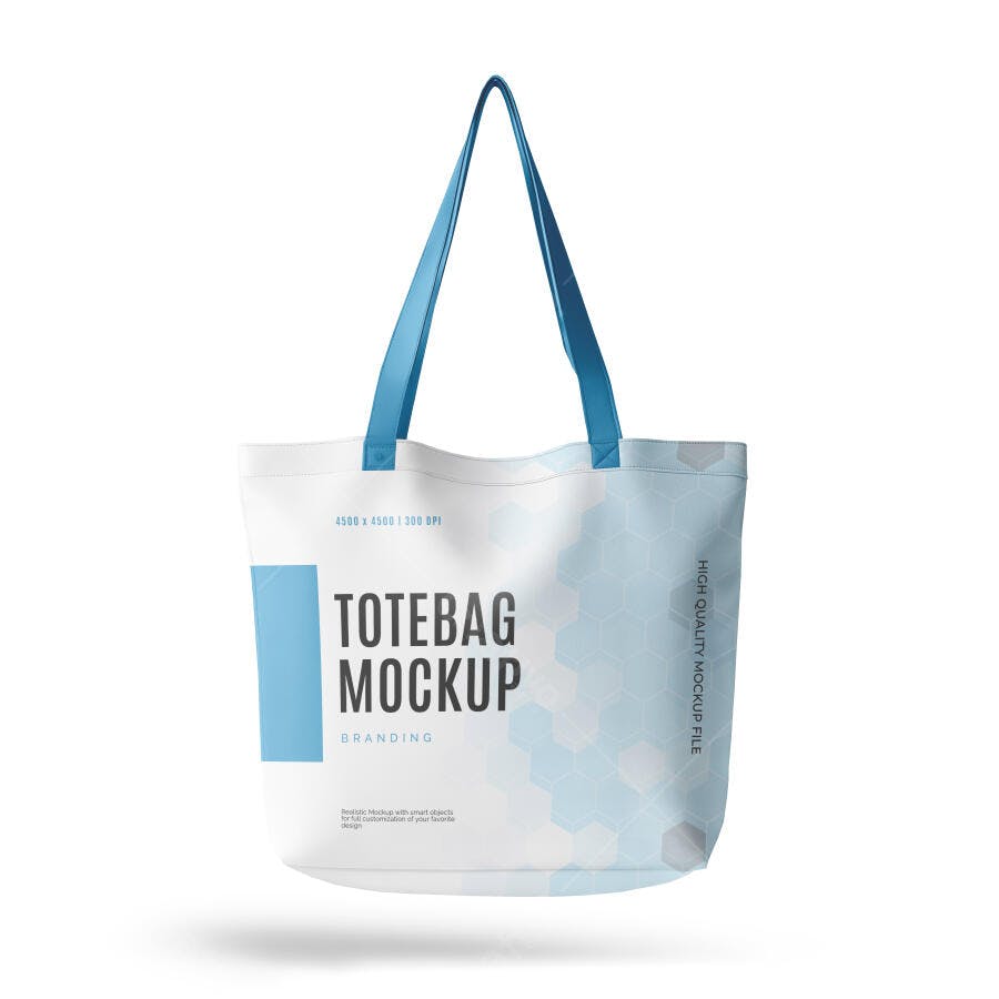 Mockup Realista de Sacola Tote Bag Branca com Alças Azuis para Branding