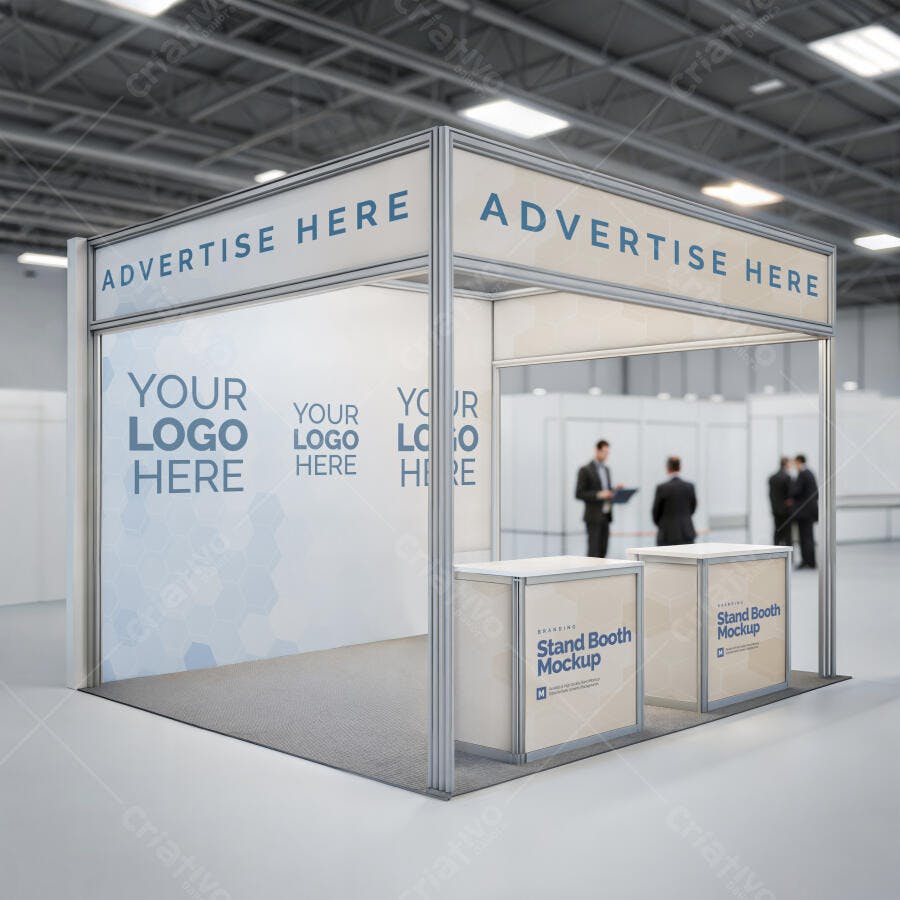 Mockup Estande de Feira Profissional Branco e Cinza com Banners e Balcões de Atendimento