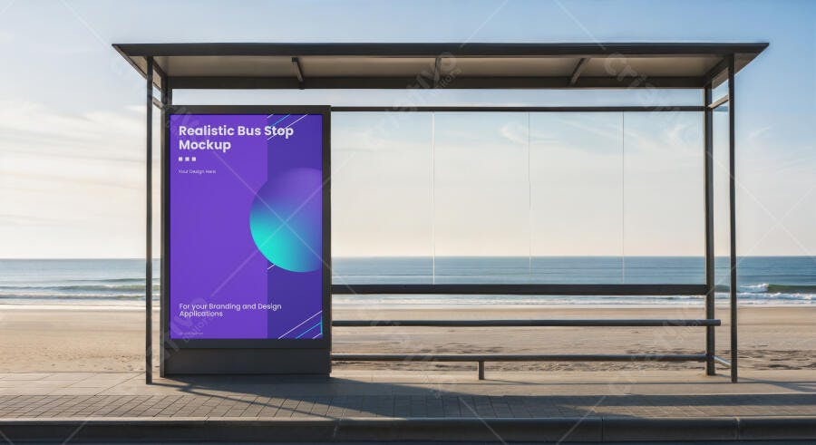 Mockup Realista de Abrigo de Ônibus na Praia com Display Roxo e Azul