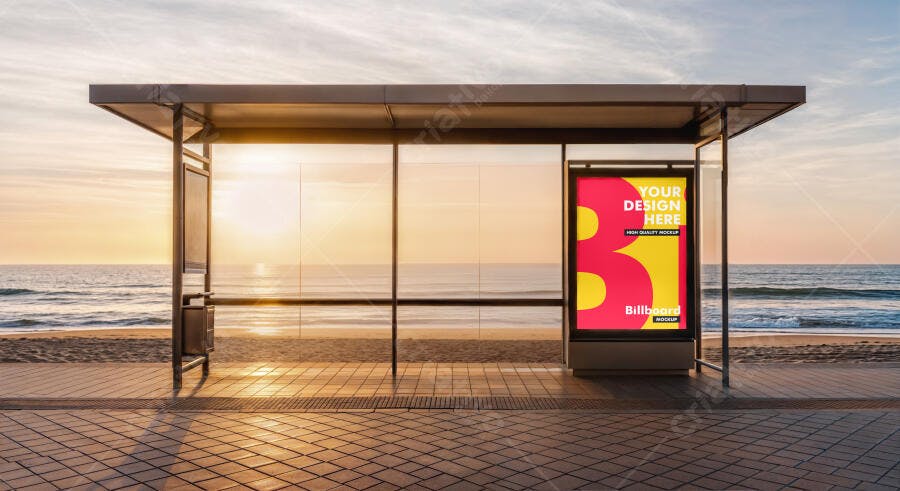 Mockup Painel Digital Parada Ônibus Praia Pôr do Sol, Anúncio Externo Cores Vibrantes