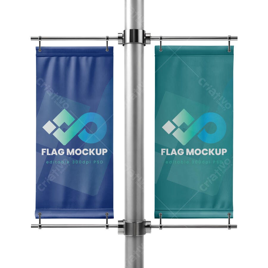 Mockup Realista de Banners Verticais Duplos Azul e Verde em Poste Metálico