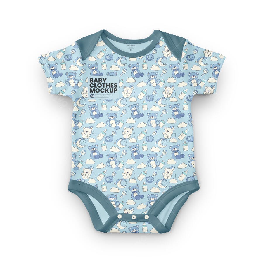 Mockup Body Bebê Estampado Azul com Ursos e Nuvens Fofo Realista