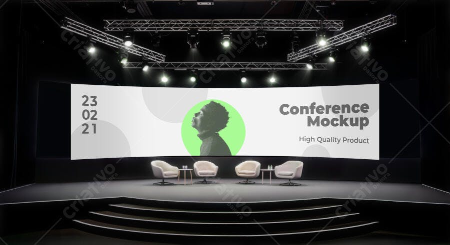 Mockup Palco Conferência Moderno com Tela Curva, Orador Silhueta e Poltronas Brancas