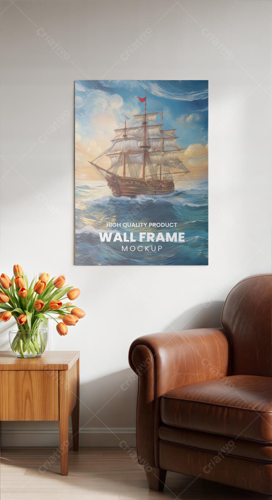 Mockup de Quadro Decorativo Retangular com Moldura em Sala Aconchegante