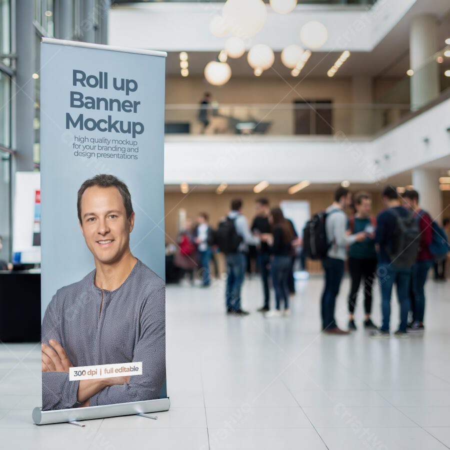 Mockup Roll Up Banner Vertical em Lobby Moderno com Homem Profissional
