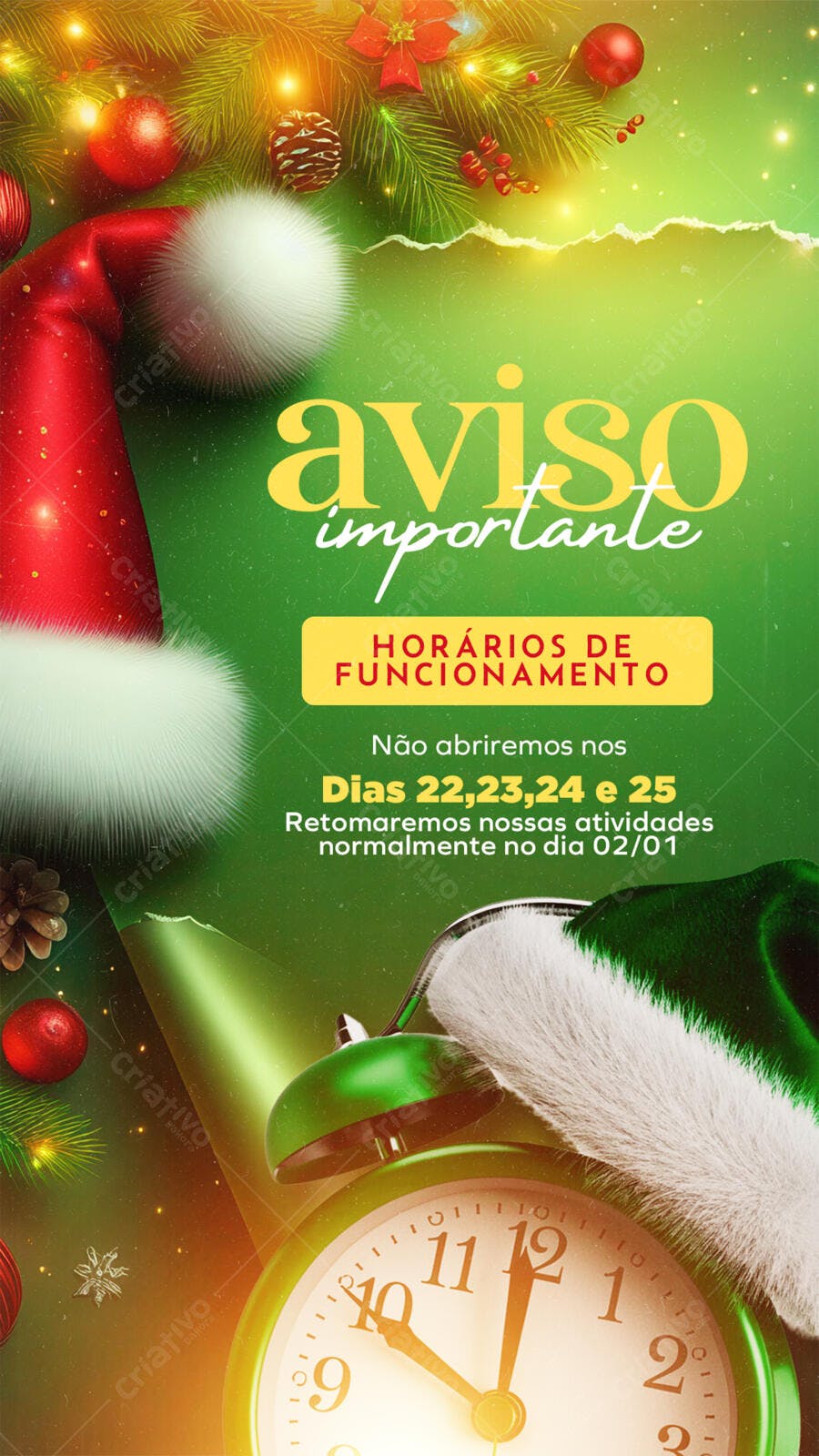 Flyer Aviso Importante Horários Natal e Ano Novo PSD Editável