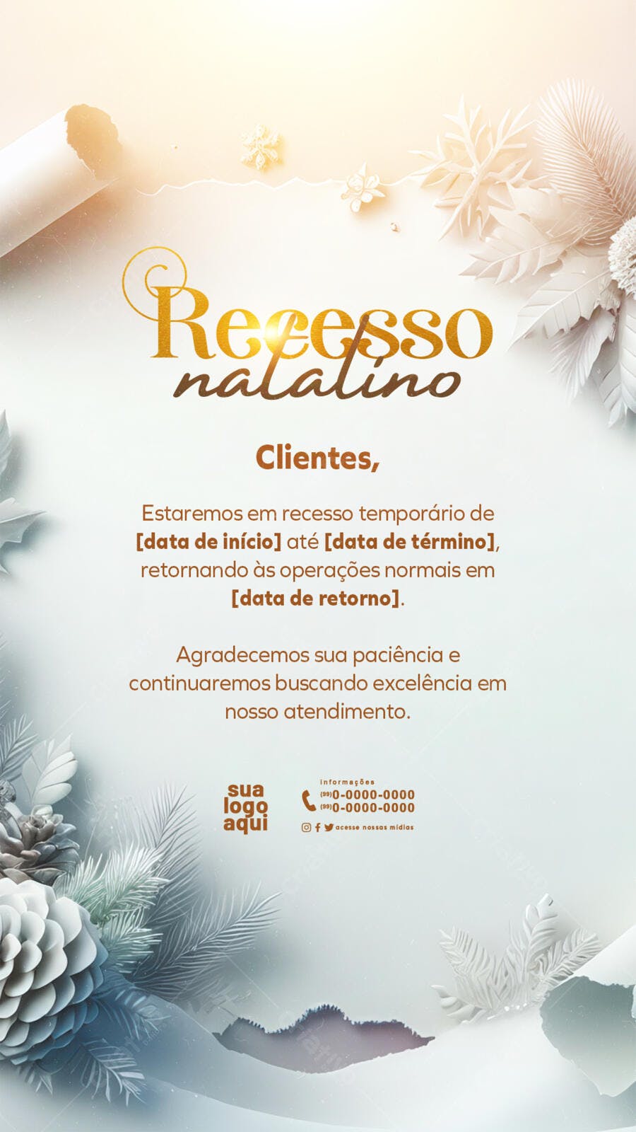 Comunicado Recesso Natalino Elegante para Clientes PSD Editável