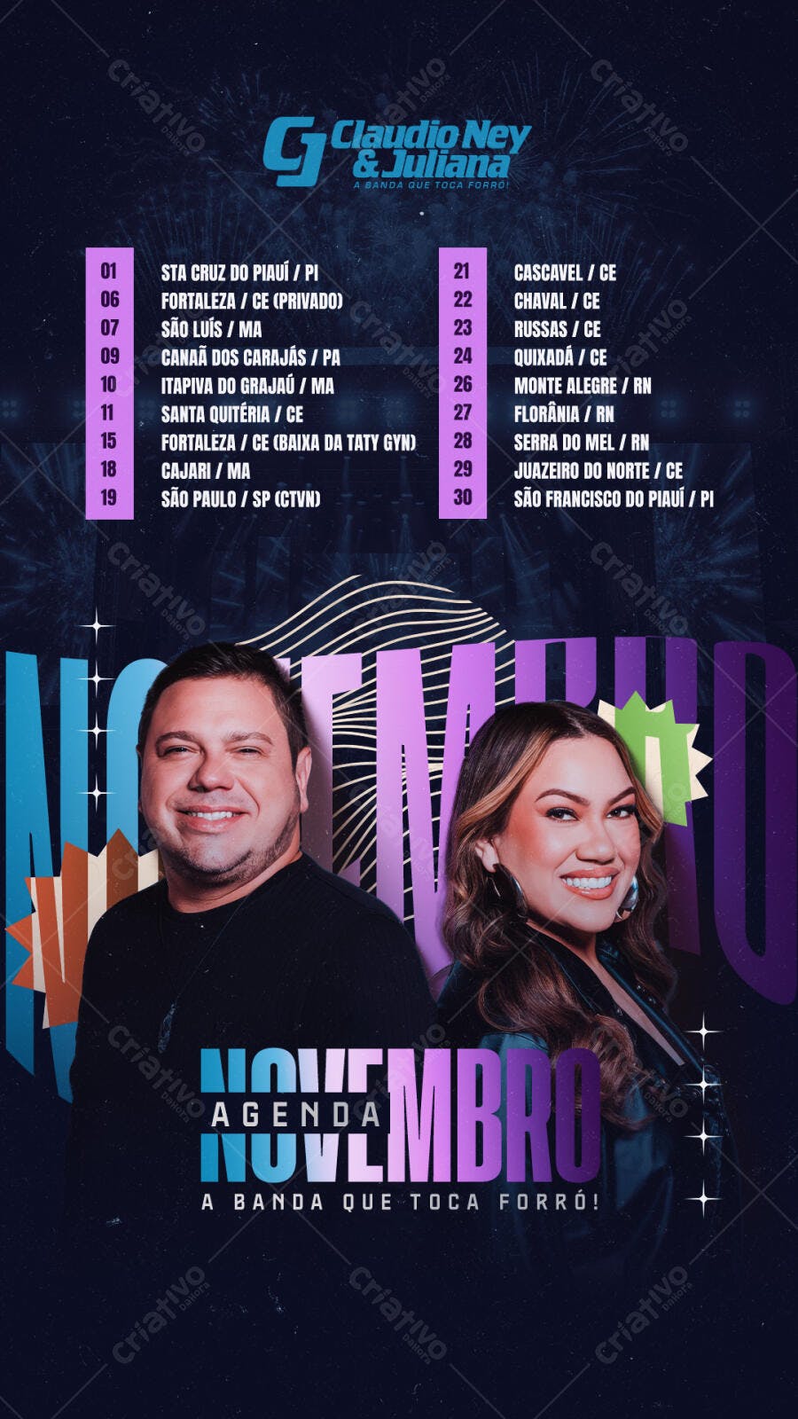 Flyer de Agenda de Shows Forró Claudio Ney Juliana Novembro PSD Editável