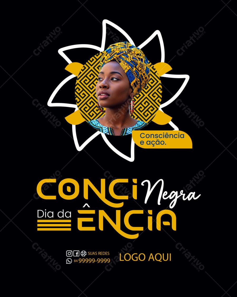 Flyer Mulher Negra Turbante Amarelo para Consciência Negra PSD Editável