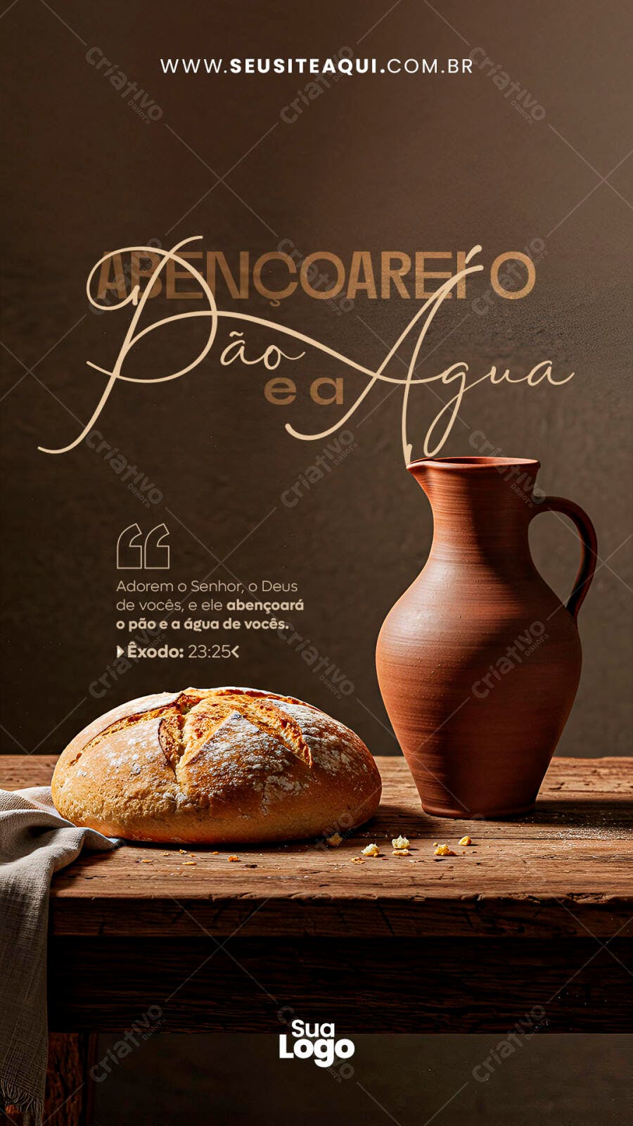Flyer Rústico Pão e Jarra de Barro Êxodo 23:25 PSD Editável