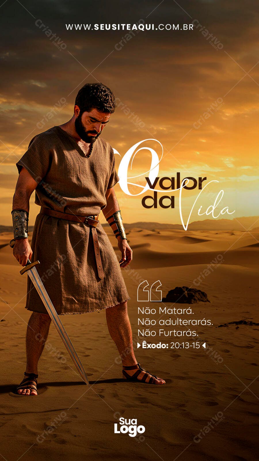 Flyer para Culto O Valor da Vida Homem com Espada PSD Editável