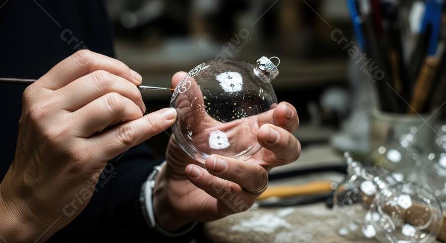 Mãos de artesão decorando ornamento de Natal de vidro transparente com tinta branca