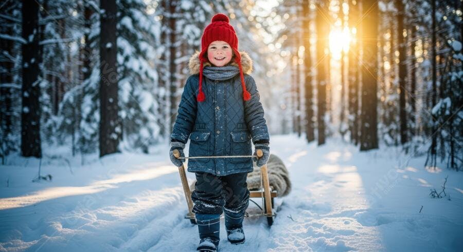 Criança feliz puxando trenó na floresta nevada ao pôr do sol