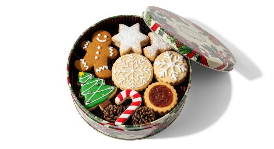 Biscoitos de Natal sortidos em lata decorada e aberta para as festas