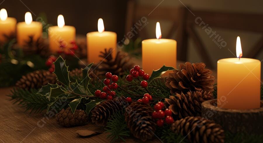 Decoração de Natal com velas acesas pinhas e azevinho na mesa de madeira