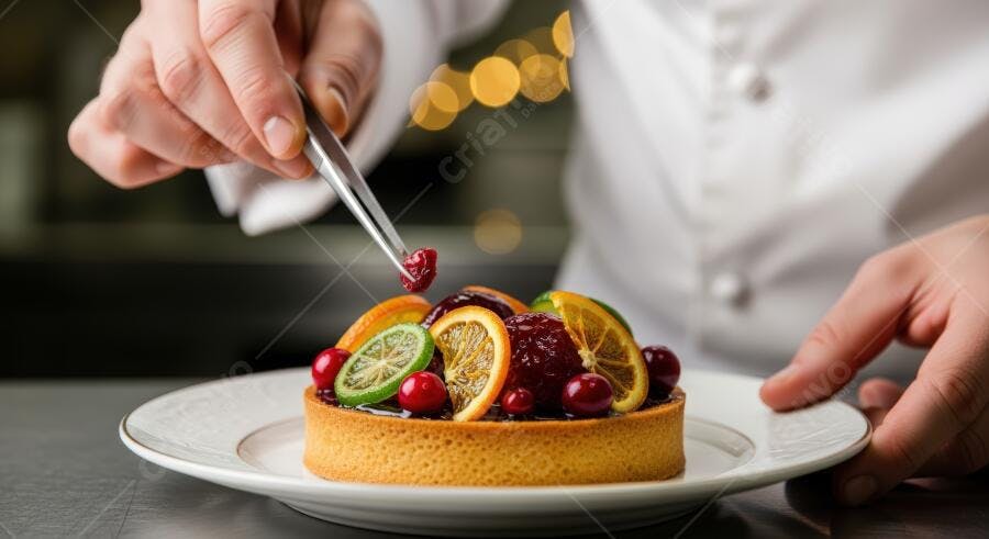 Chef profissional decorando torta de frutas frescas com pinça