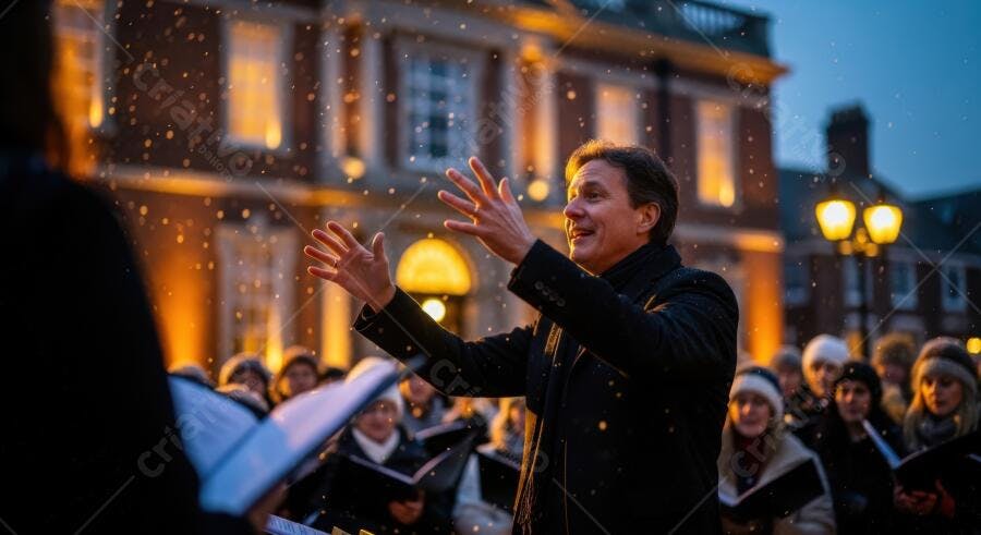 Maestro homem branco regendo coro natalino na neve com luzes da noite
