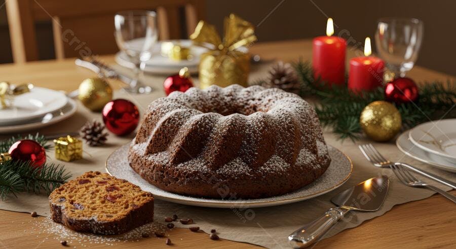 Bolo festivo de Natal na mesa com velas acesas e decorações douradas