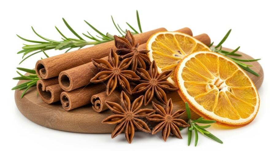Especiarias paus de canela anis estrelado rodelas de laranja e alecrim em tábua