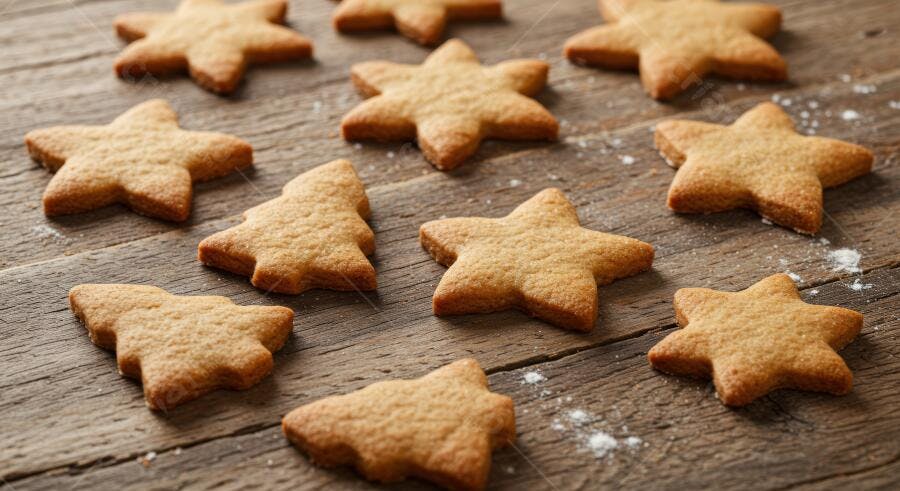 Biscoitos de Natal em formato de estrela e árvore sobre madeira rústica