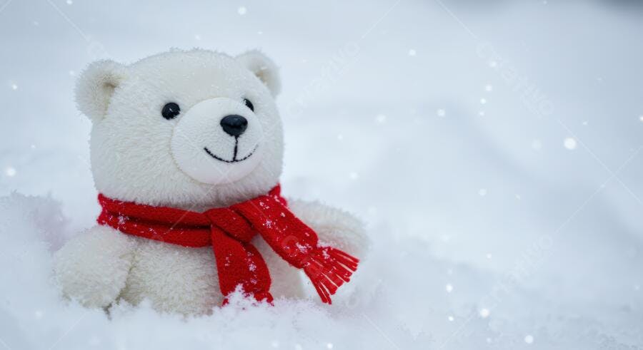 Urso polar de pelúcia branco com cachecol vermelho na neve fofa e flocos caindo