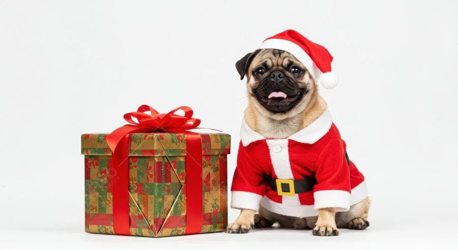 Pug fofo vestido de Papai Noel sentado com presente de Natal em fundo branco