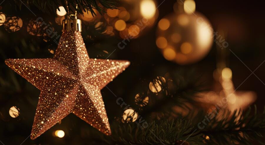 Estrela natalina bronze brilhante decorando árvore de Natal com luzes bokeh