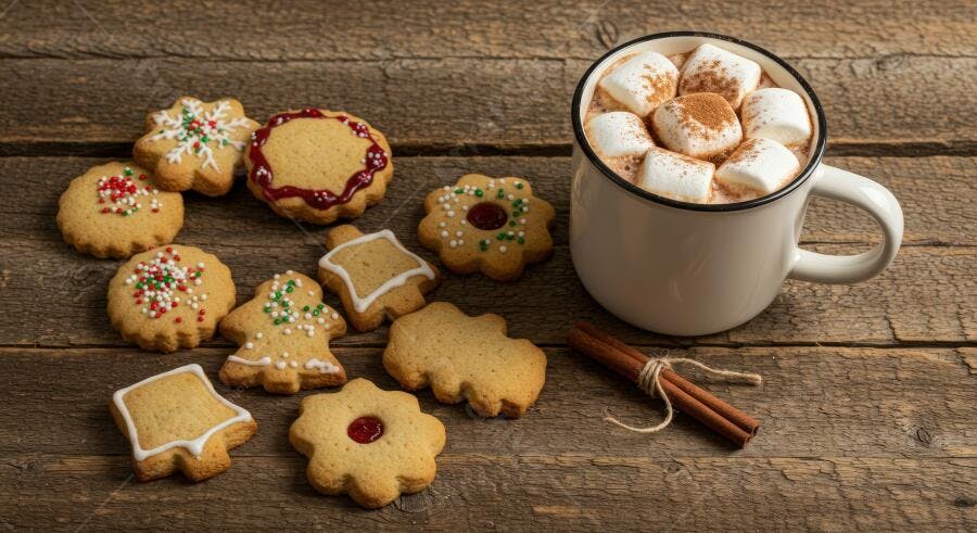 Biscoitos de Natal decorados com chocolate quente e marshmallows em mesa rústica de madeira