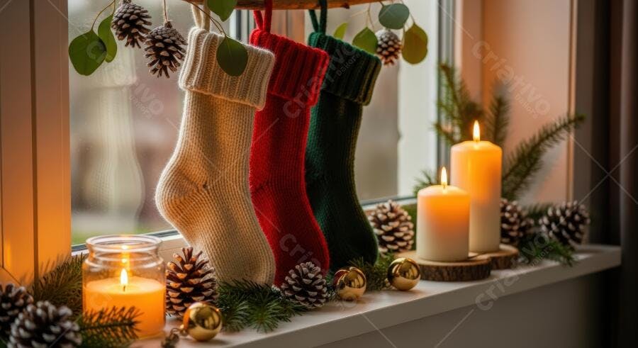 Meias de Natal vermelha verde e creme com velas acesas na janela