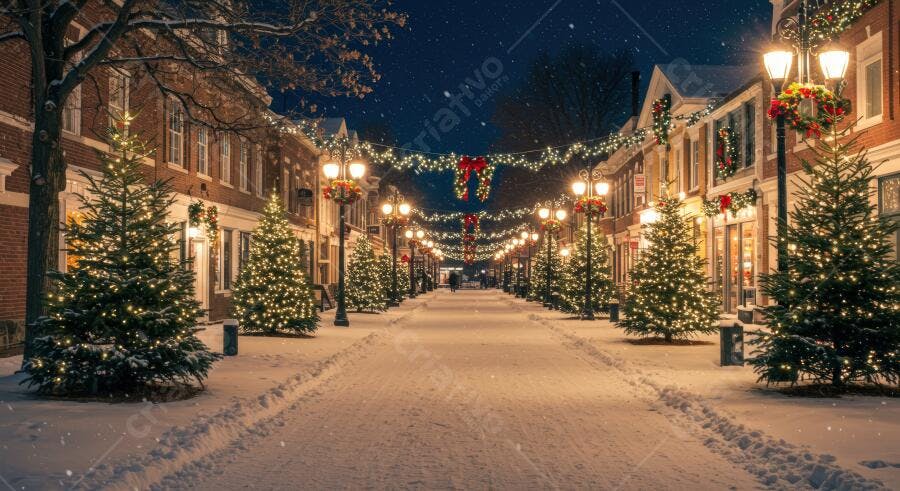 Rua nevada de Natal com árvores iluminadas e decorações festivas à noite