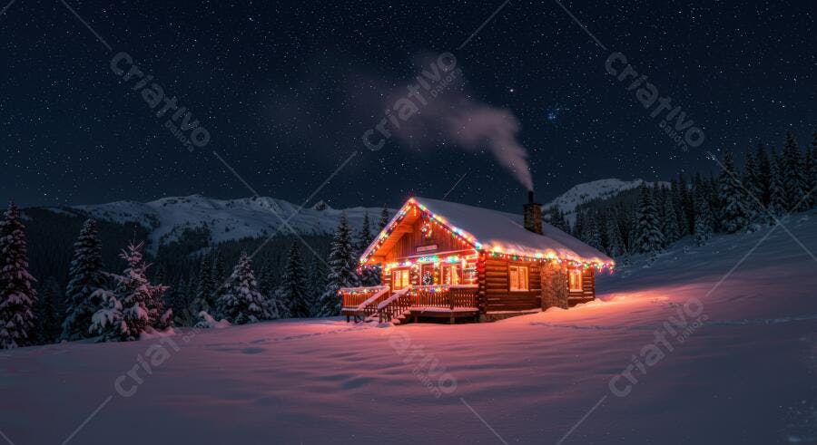 Cabana de madeira aconchegante na neve com luzes de Natal à noite estrelada
