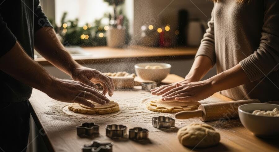 Mãos de casal amassando massa de biscoitos com farinha em ambiente festivo