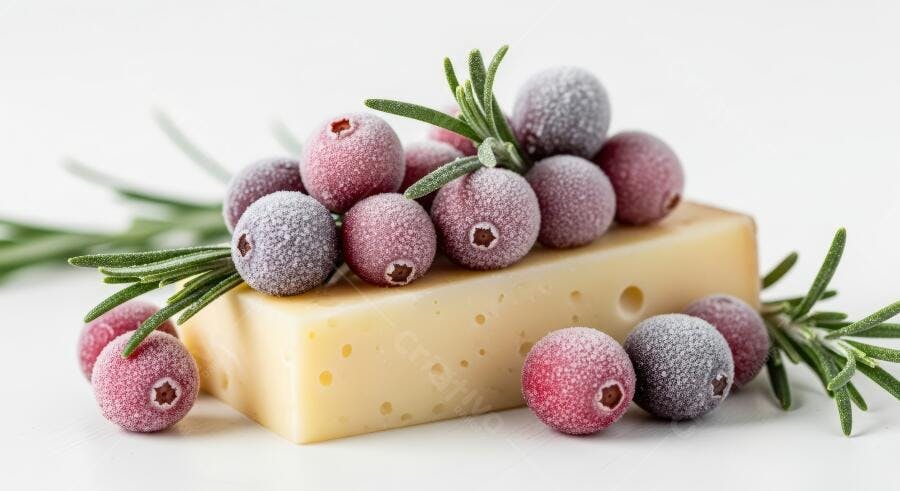 Cranberries açucaradas queijo amarelo e alecrim fresco em fundo branco natalino
