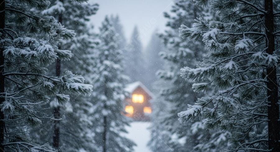 Cabana aconchegante na floresta nevada com luzes quentes e neve caindo no inverno