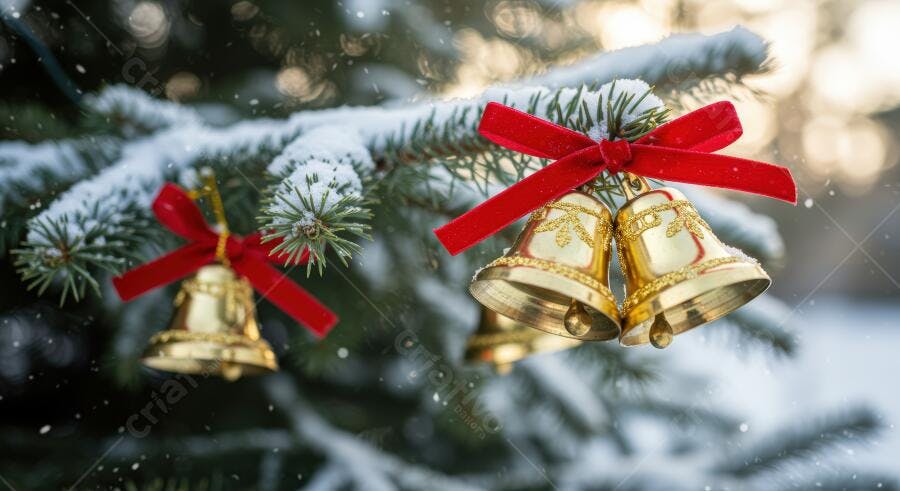 Sinos dourados de Natal com laços vermelhos em pinheiro nevado inverno festivo