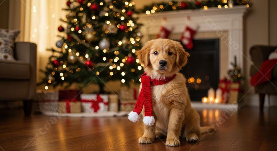 Cachorro golden retriever filhote com cachecol natalino em sala decorada