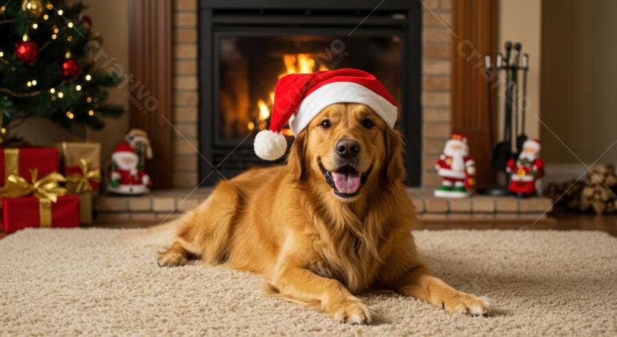 Golden Retriever feliz com gorro de Papai Noel no Natal aconchegante
