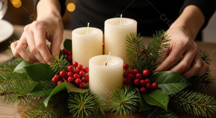 Mãos femininas arranjando centro de mesa natalino com velas e bagas vermelhas