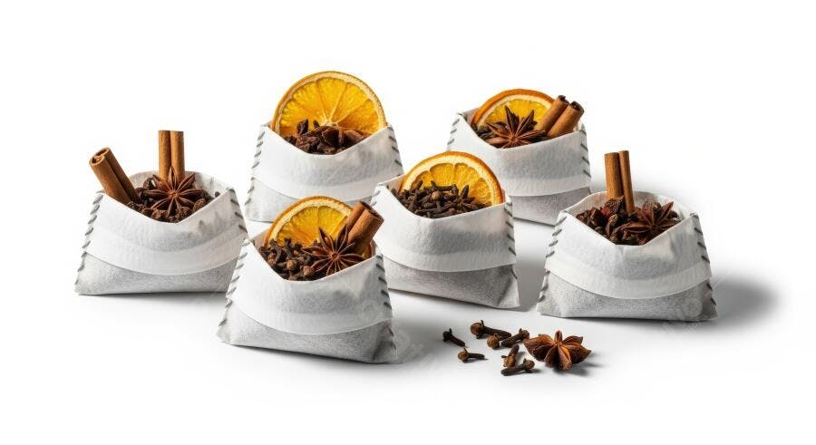 Sachês aromáticos brancos com laranja canela e especiarias de outono