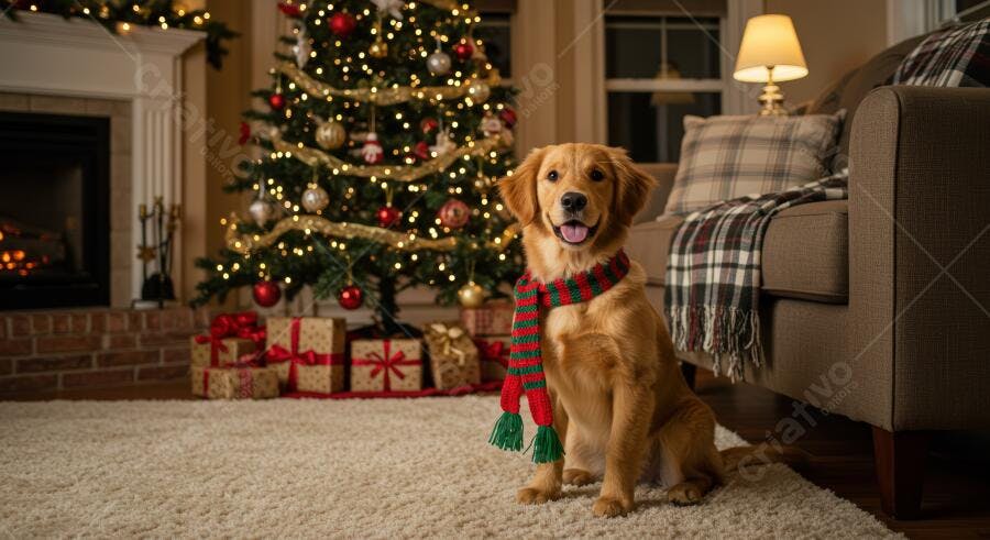Golden retriever feliz com cachecol natalino em sala decorada