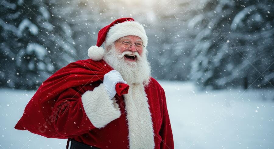 Pai Natal sorrindo e carregando saco de presentes em floresta nevada